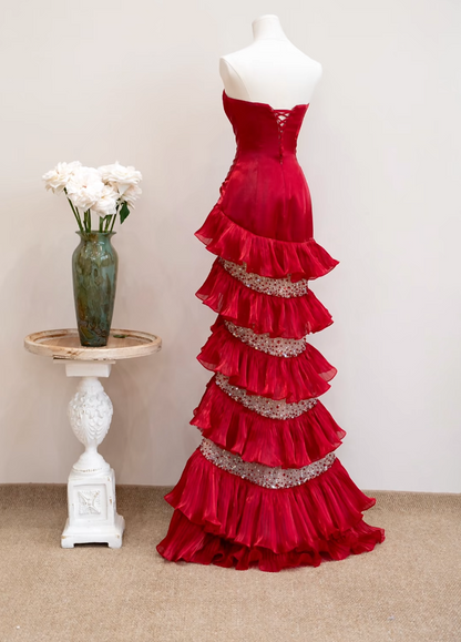 Classical Strapless Red Prom Dress Ruffles Sequins Mermaid Formal Dress GG7205