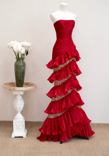 Classical Strapless Red Prom Dress Ruffles Sequins Mermaid Formal Dress GG7205