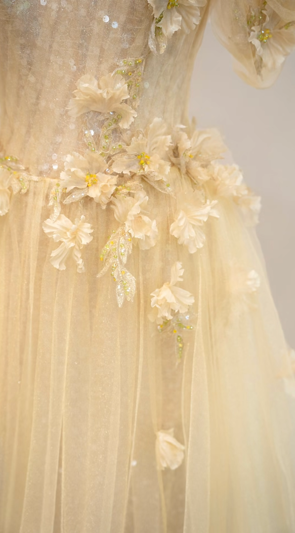 Glam Off-Shoulder Pastel Yellow Prom Dress Sequins Appliques A-Line Formal Dress GG7208