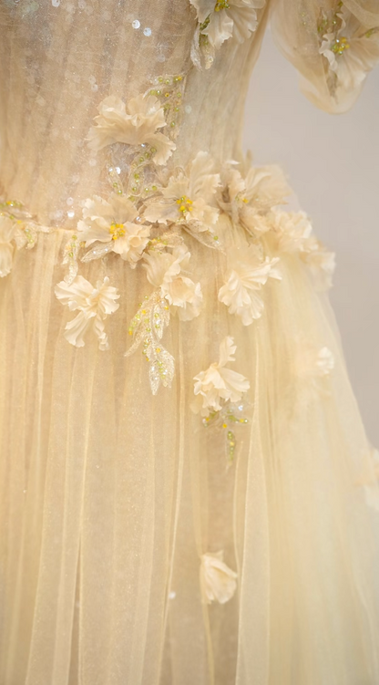 Glam Off-Shoulder Pastel Yellow Prom Dress Sequins Appliques A-Line Formal Dress GG7208