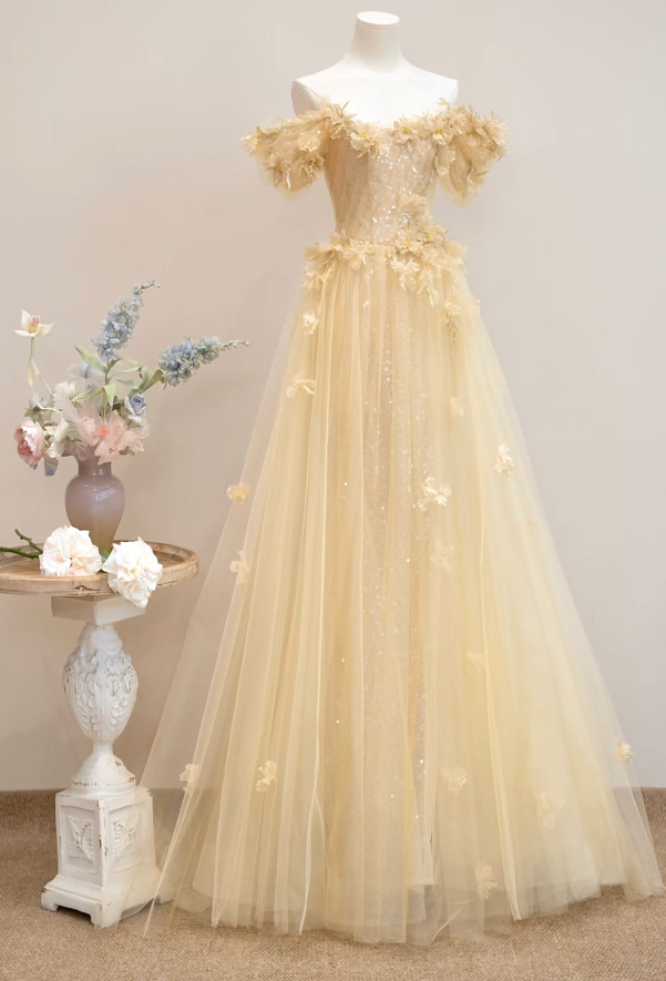 Glam Off-Shoulder Pastel Yellow Prom Dress Sequins Appliques A-Line Formal Dress GG7208