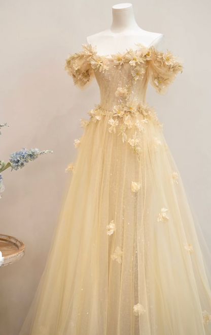 Glam Off-Shoulder Pastel Yellow Prom Dress Sequins Appliques A-Line Formal Dress GG7208