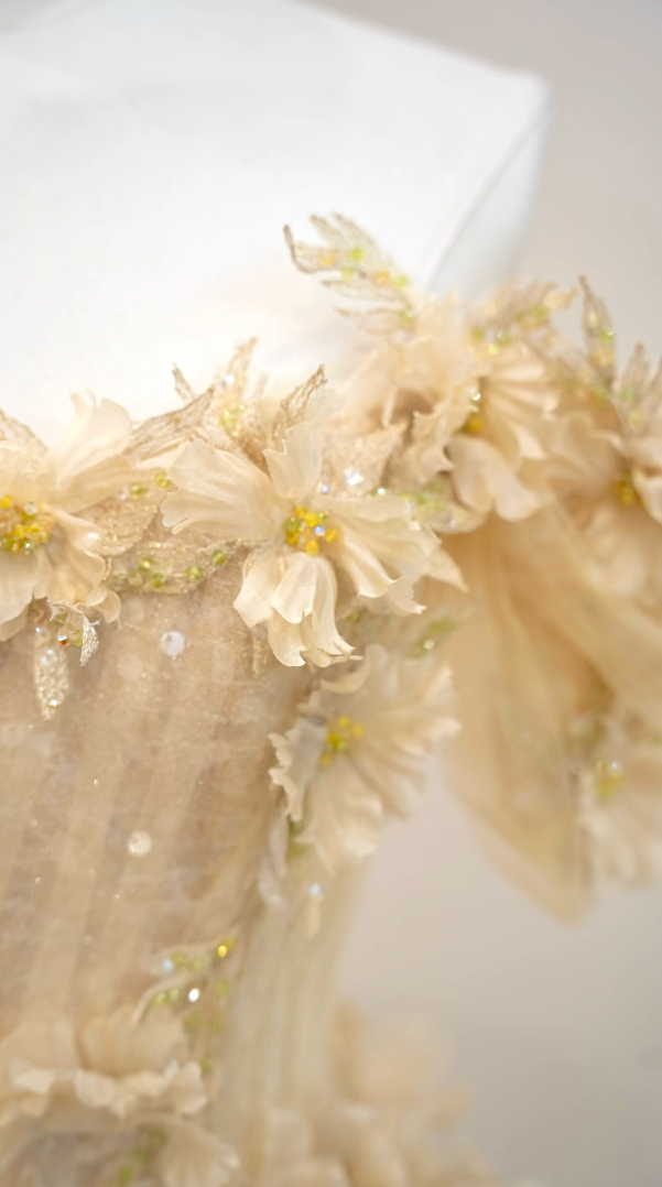 Glam Off-Shoulder Pastel Yellow Prom Dress Sequins Appliques A-Line Formal Dress GG7208