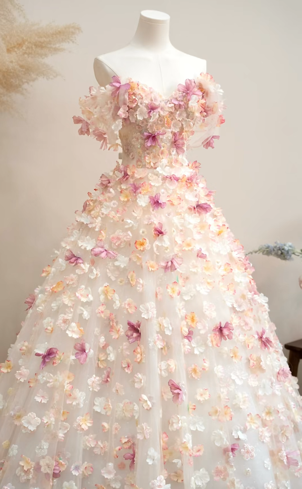 Fascinating Off-Shoulder Pink Prom Dress Appliques Tulle A-Line Formal Dress GG7210