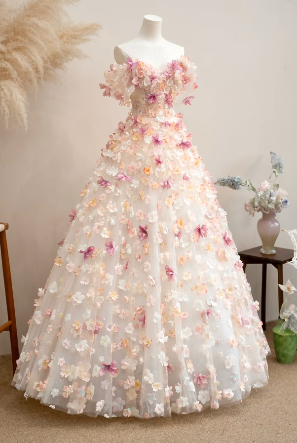 Fascinating Off-Shoulder Pink Prom Dress Appliques Tulle A-Line Formal Dress GG7210