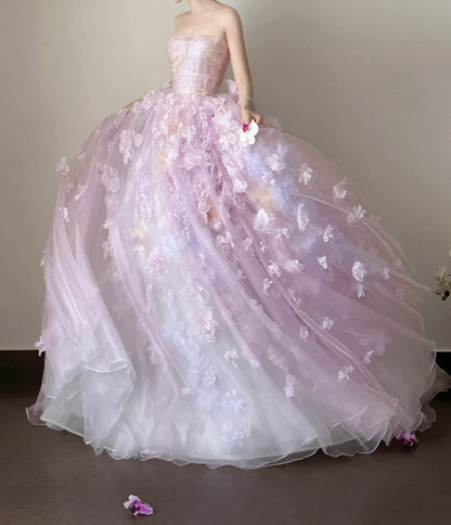 Dreamy Strapless Purple Prom Dress Appliques Tulle A-Line Formal Dress GG7212
