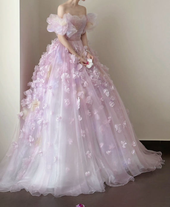 Dreamy Strapless Purple Prom Dress Appliques Tulle A-Line Formal Dress GG7212