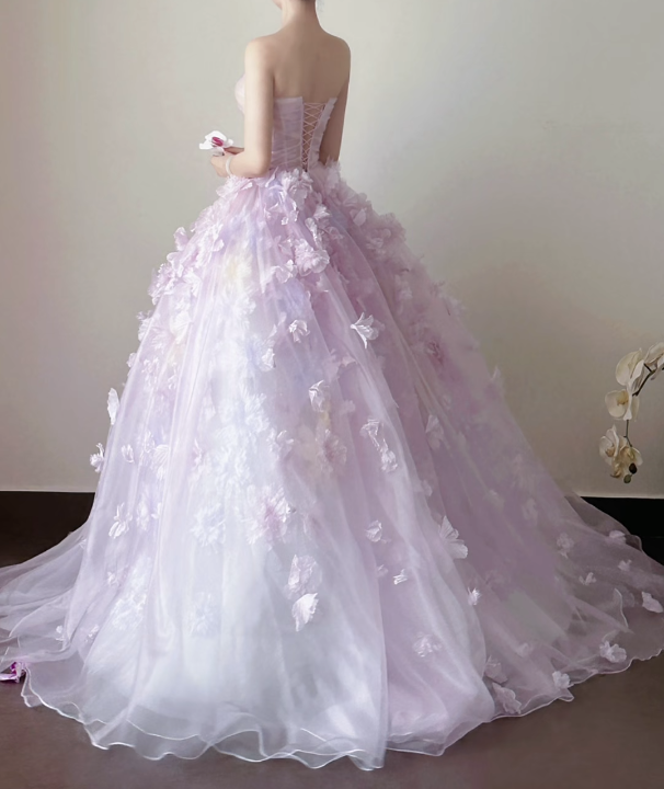 Dreamy Strapless Purple Prom Dress Appliques Tulle A-Line Formal Dress GG7212