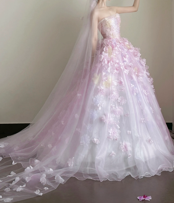 Dreamy Strapless Purple Prom Dress Appliques Tulle A-Line Formal Dress GG7212