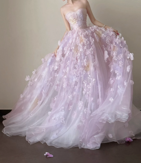 Dreamy Strapless Purple Prom Dress Appliques Tulle A-Line Formal Dress GG7212