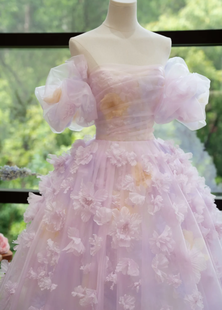 Ornate Off-Shoulder Purple Prom Dress Appliques Tulle A-Line Evening Dress GG7213
