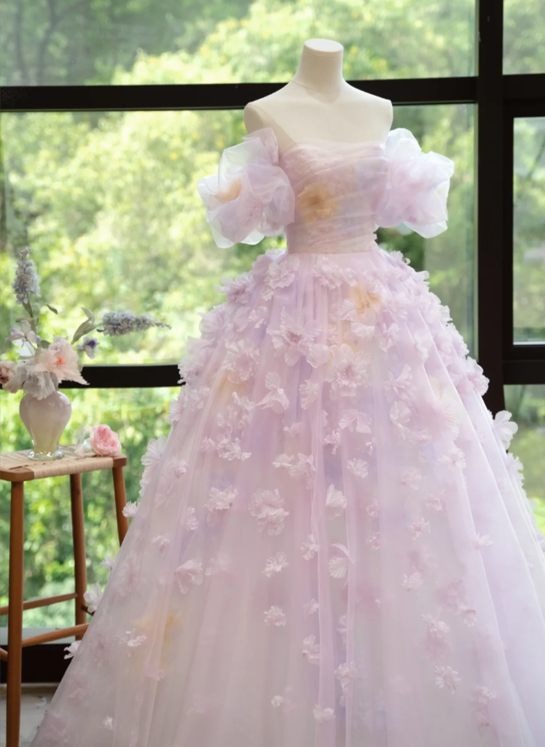 Ornate Off-Shoulder Purple Prom Dress Appliques Tulle A-Line Evening Dress GG7213
