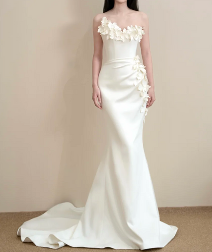 Retro Strapless Satin Wedding Dress Appliques White Mermaid Bridal Dress GG7214