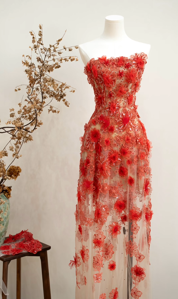Charming Strapless Red Prom Dress Appliques Sequins Sheath Formal Dress GG7215