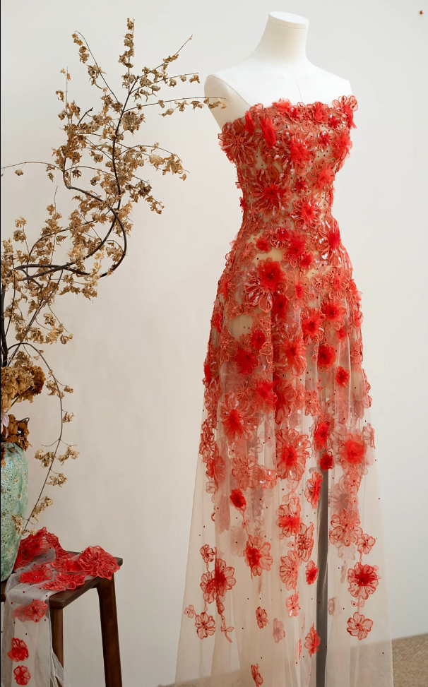 Charming Strapless Red Prom Dress Appliques Sequins Sheath Formal Dress GG7215