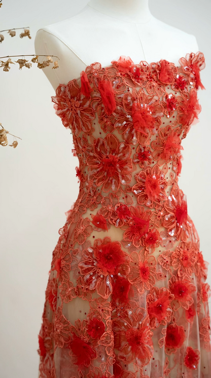 Charming Strapless Red Prom Dress Appliques Sequins Sheath Formal Dress GG7215