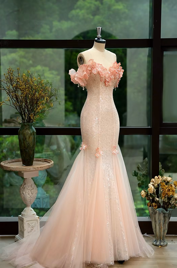 Ethereal Off-Shoulder Pink Prom Dress Ruffles Sequins Mermaid Formal Dress GG7216