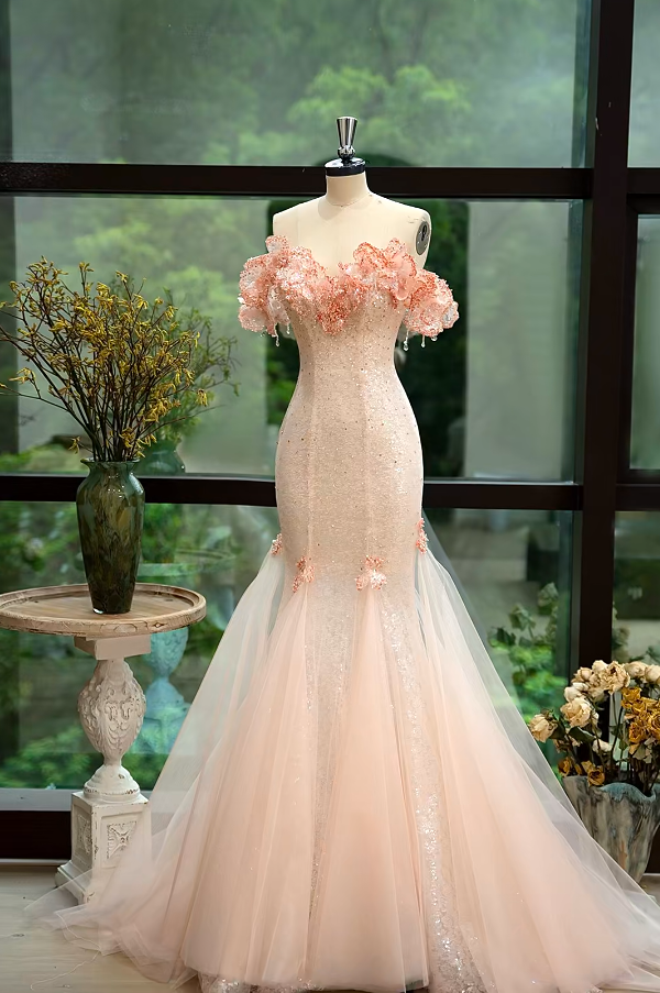 Ethereal Off-Shoulder Pink Prom Dress Ruffles Sequins Mermaid Formal Dress GG7216
