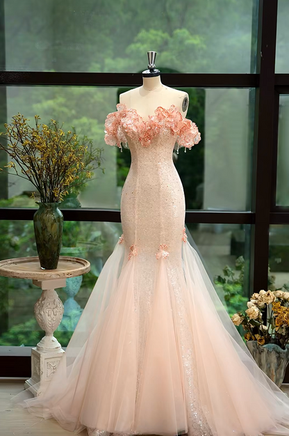 Ethereal Off-Shoulder Pink Prom Dress Ruffles Sequins Mermaid Formal Dress GG7216