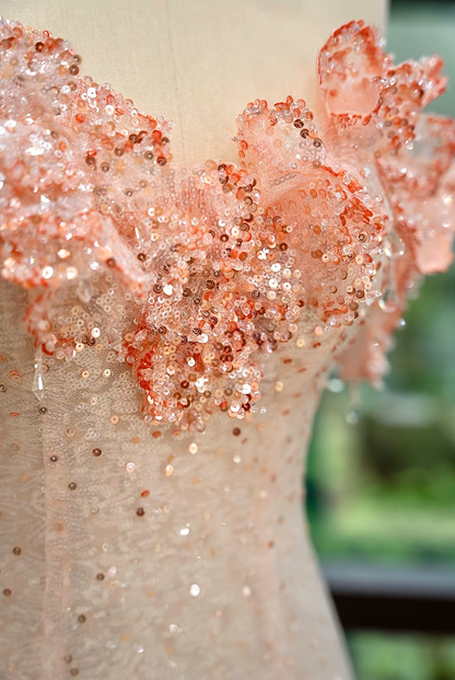 Ethereal Off-Shoulder Pink Prom Dress Ruffles Sequins Mermaid Formal Dress GG7216