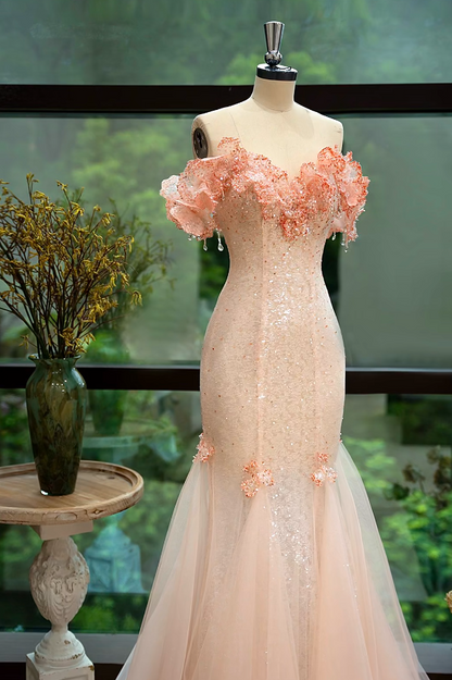 Ethereal Off-Shoulder Pink Prom Dress Ruffles Sequins Mermaid Formal Dress GG7216