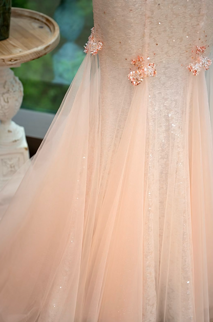 Ethereal Off-Shoulder Pink Prom Dress Ruffles Sequins Mermaid Formal Dress GG7216