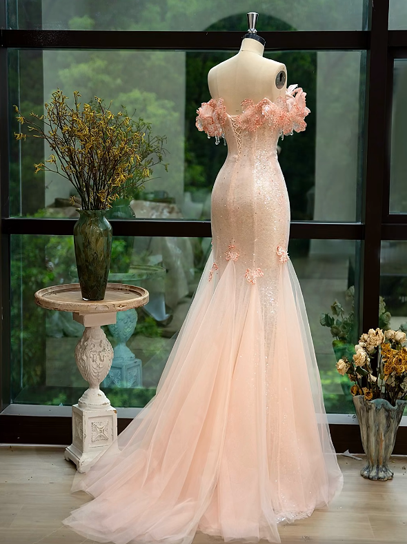 Ethereal Off-Shoulder Pink Prom Dress Ruffles Sequins Mermaid Formal Dress GG7216