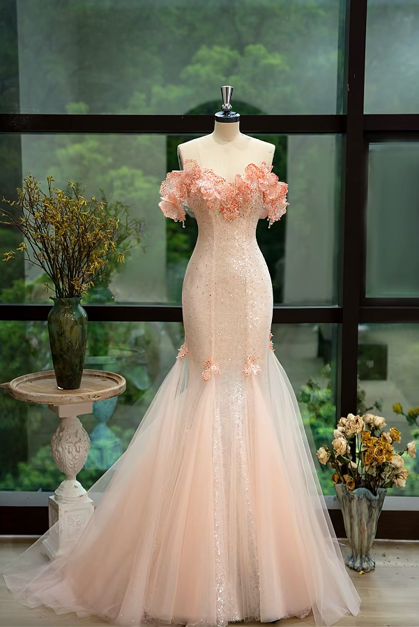 Ethereal Off-Shoulder Pink Prom Dress Ruffles Sequins Mermaid Formal Dress GG7216