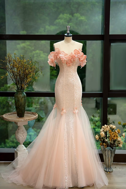 Ethereal Off-Shoulder Pink Prom Dress Ruffles Sequins Mermaid Formal Dress GG7216