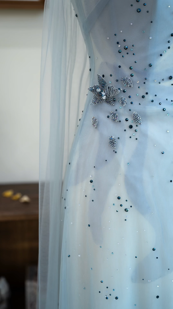 Ornate Strapless Blue Prom Dress Sequins Appliques A-Line Formal Dress GG7217