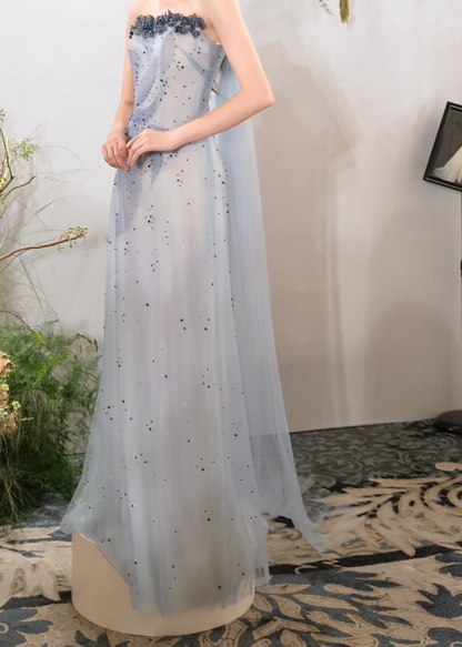 Ornate Strapless Blue Prom Dress Sequins Appliques A-Line Formal Dress GG7217