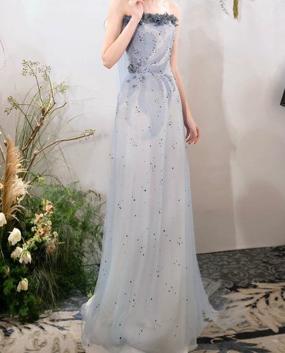 Ornate Strapless Blue Prom Dress Sequins Appliques A-Line Formal Dress GG7217