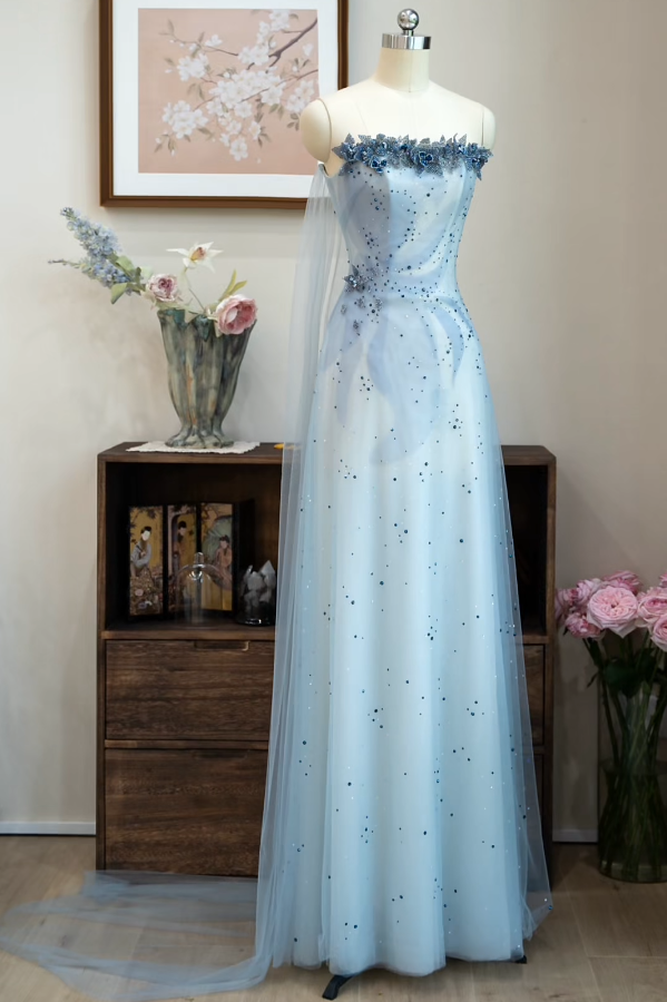 Ornate Strapless Blue Prom Dress Sequins Appliques A-Line Formal Dress GG7217