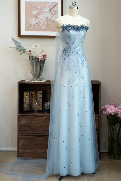 Ornate Strapless Blue Prom Dress Sequins Appliques A-Line Formal Dress GG7217