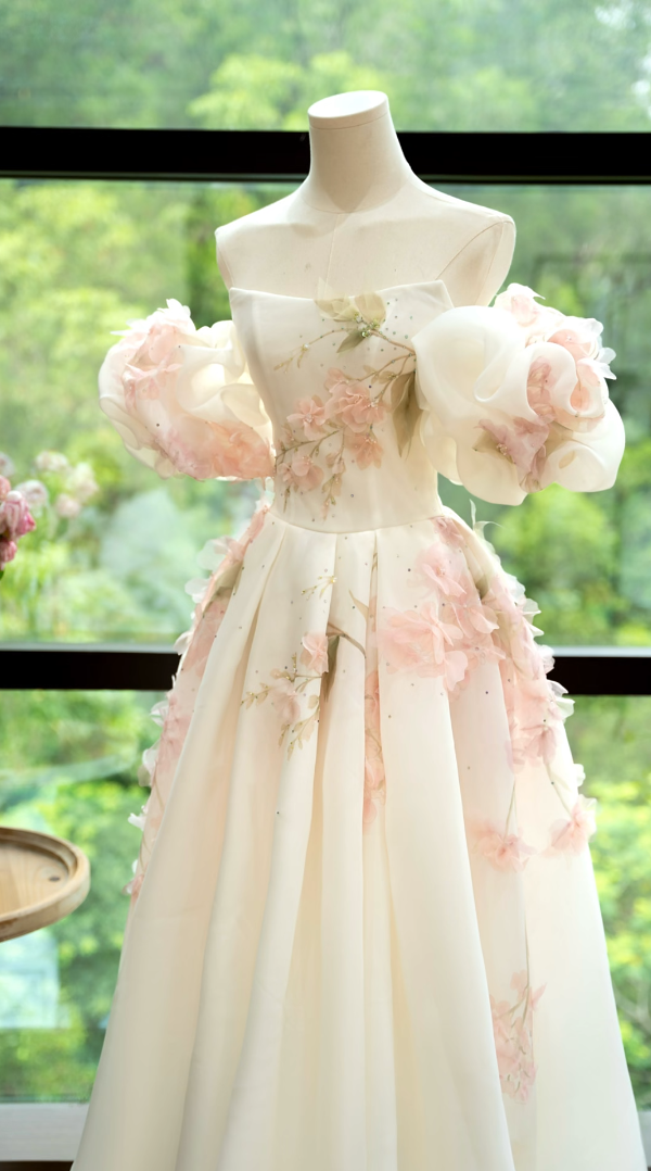 Vintage Off-Shoulder Sequins Prom Dress White Floral A-Line Formal Dress GG7218