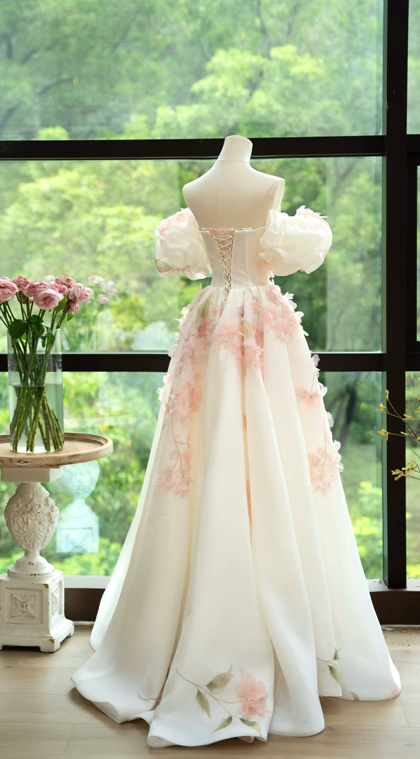 Vintage Off-Shoulder Sequins Prom Dress White Floral A-Line Formal Dress GG7218