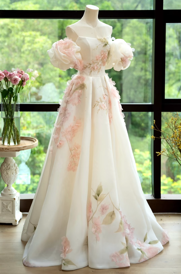 Vintage Off-Shoulder Sequins Prom Dress White Floral A-Line Formal Dress GG7218
