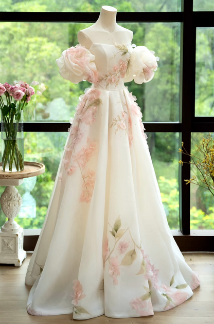 Vintage Off-Shoulder Sequins Prom Dress White Floral A-Line Formal Dress GG7218