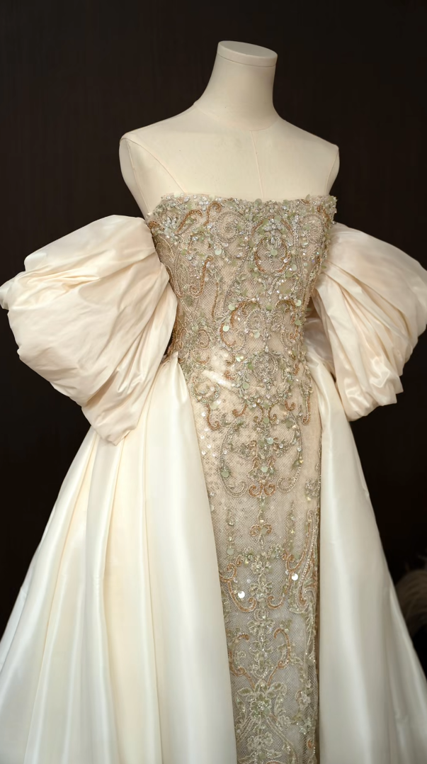 Luxury Off-Shoulder Beieg Prom Dress Beading A-Line Formal Dress GG7220