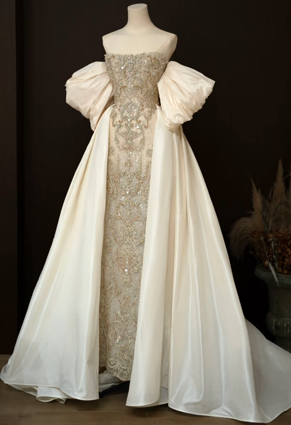 Luxury Off-Shoulder Beieg Prom Dress Beading A-Line Formal Dress GG7220
