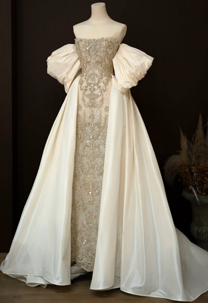 Luxury Off-Shoulder Beieg Prom Dress Beading A-Line Formal Dress GG7220