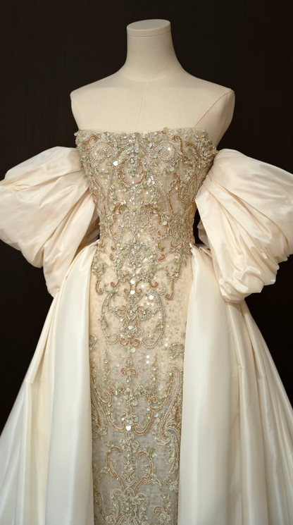 Luxury Off-Shoulder Beieg Prom Dress Beading A-Line Formal Dress GG7220