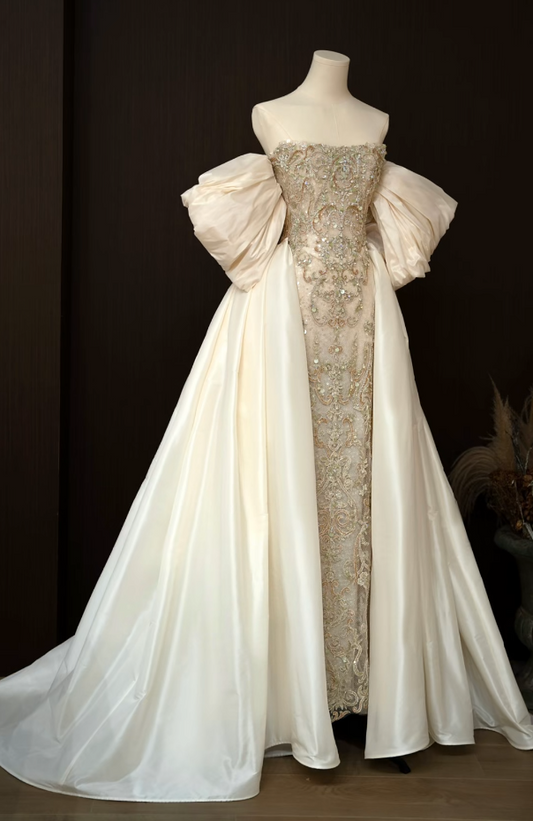 Luxury Off-Shoulder Beieg Prom Dress Beading A-Line Formal Dress GG7220