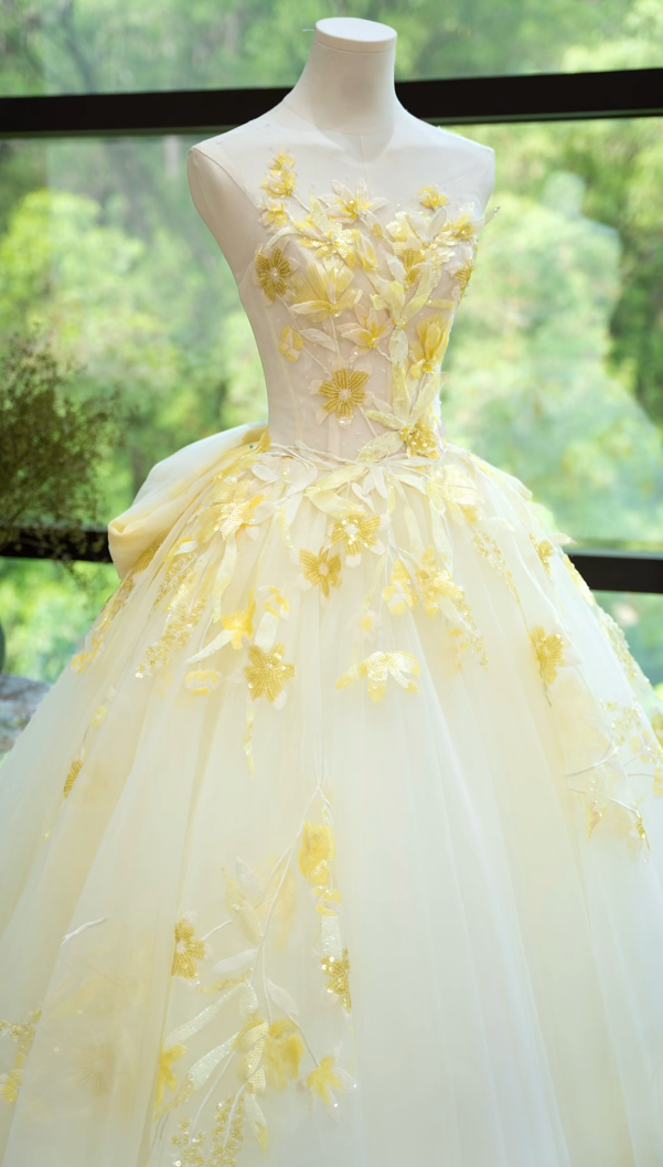 Retro Illusion Neck Yellow Prom Dress Sequins Appliques A-Line Formal Dress GG7222