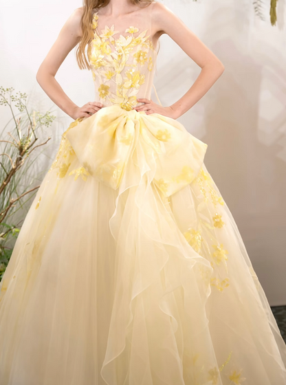 Retro Illusion Neck Yellow Prom Dress Sequins Appliques A-Line Formal Dress GG7222