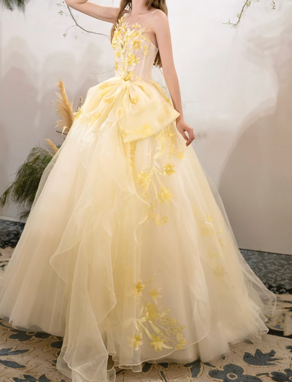 Retro Illusion Neck Yellow Prom Dress Sequins Appliques A-Line Formal Dress GG7222