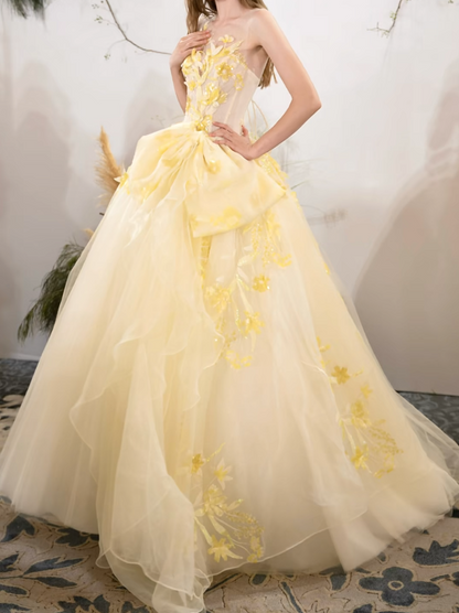 Retro Illusion Neck Yellow Prom Dress Sequins Appliques A-Line Formal Dress GG7222