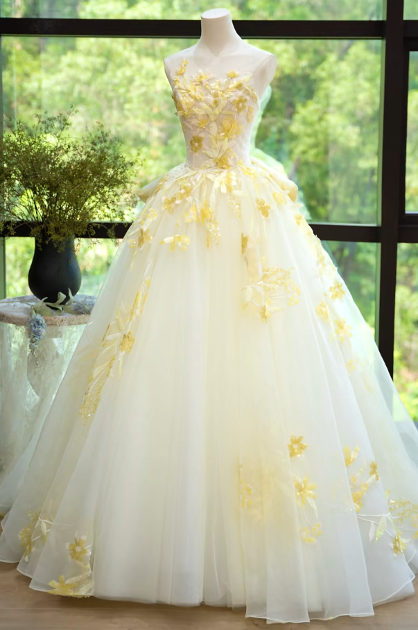 Retro Illusion Neck Yellow Prom Dress Sequins Appliques A-Line Formal Dress GG7222