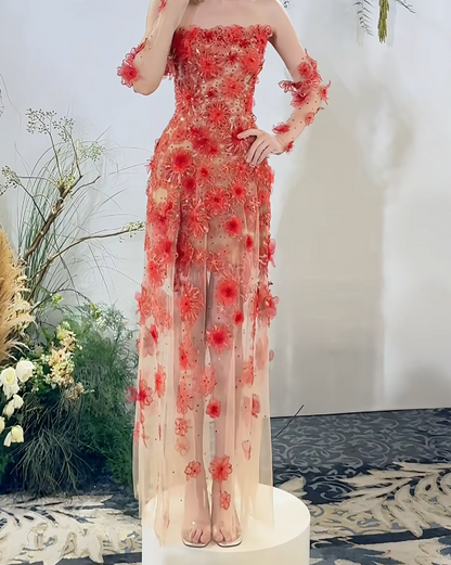 Gorgeous Strapless Red Prom Dress Appliques Sequins Sheath Formal Dress GG7223