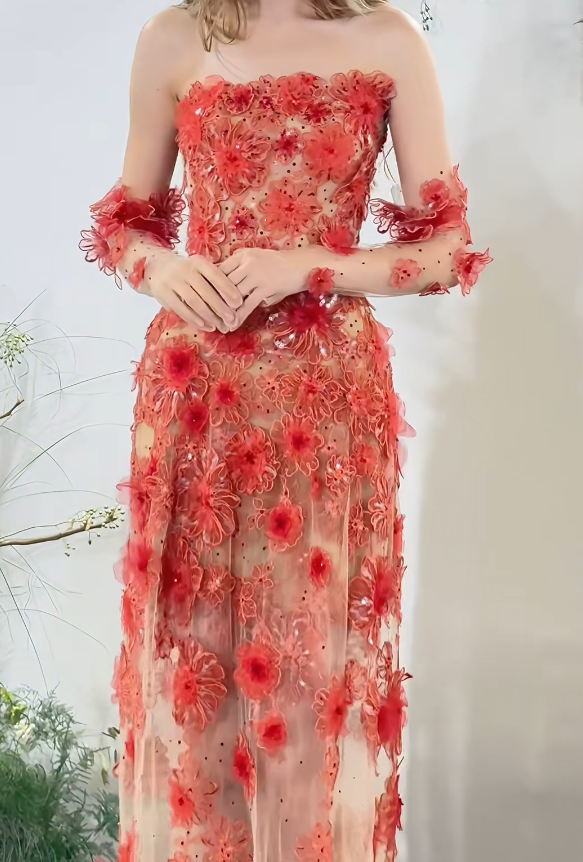 Gorgeous Strapless Red Prom Dress Appliques Sequins Sheath Formal Dress GG7223